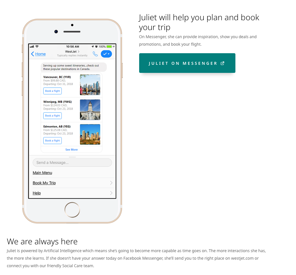 a cell phone with a Juliet, WestJet's AI chatbot shown on the screen