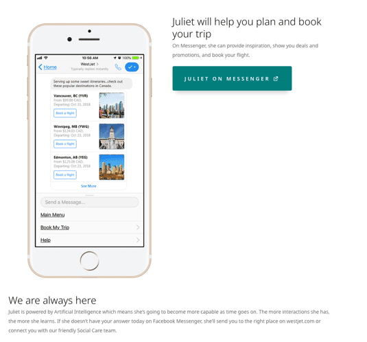 a cell phone with a Juliet, WestJet's AI chatbot shown on the screen
