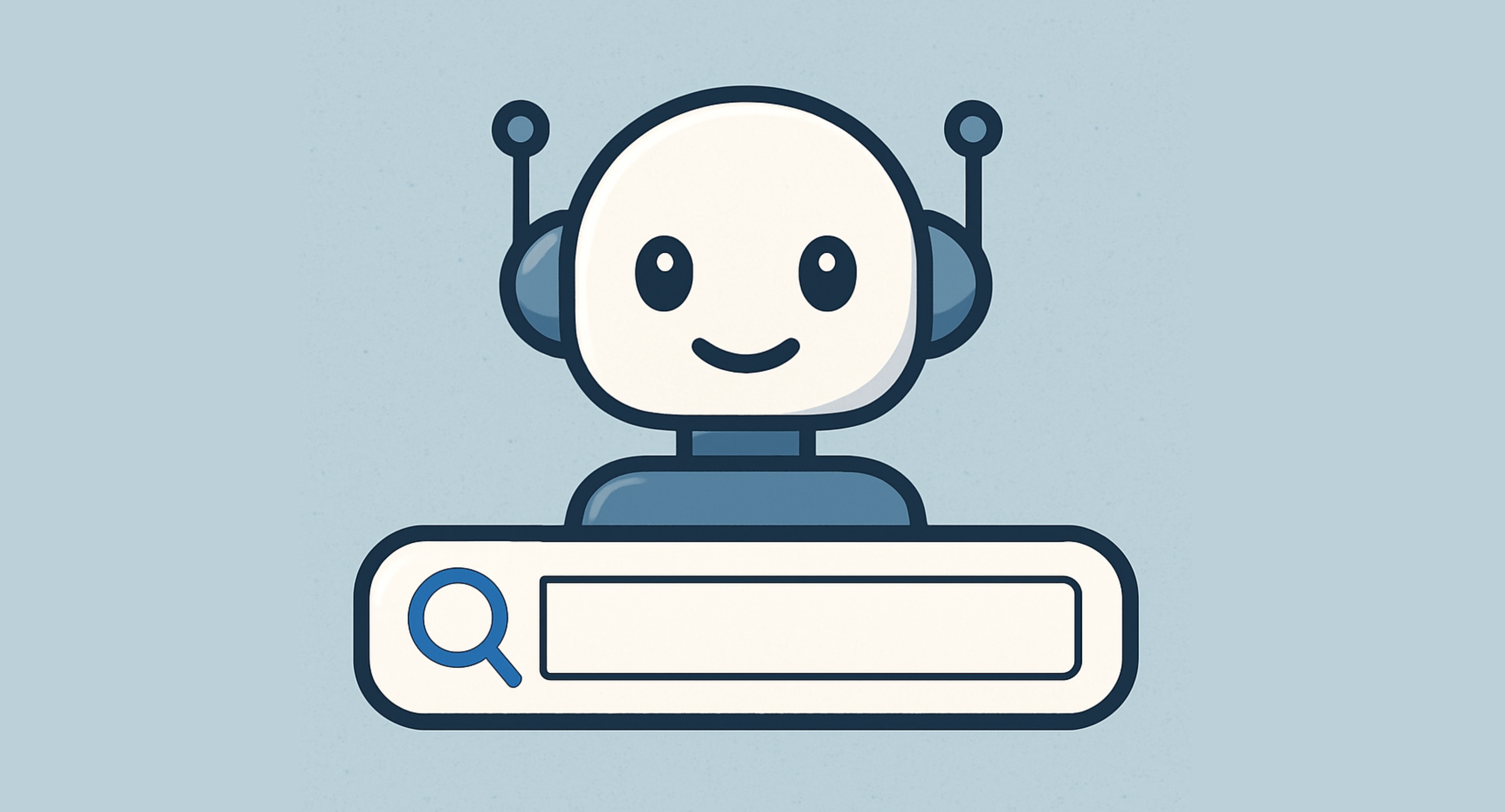 Illustration of a smiling robot, positioned behind a search bar with a magnifying glass icon on a light blue background.