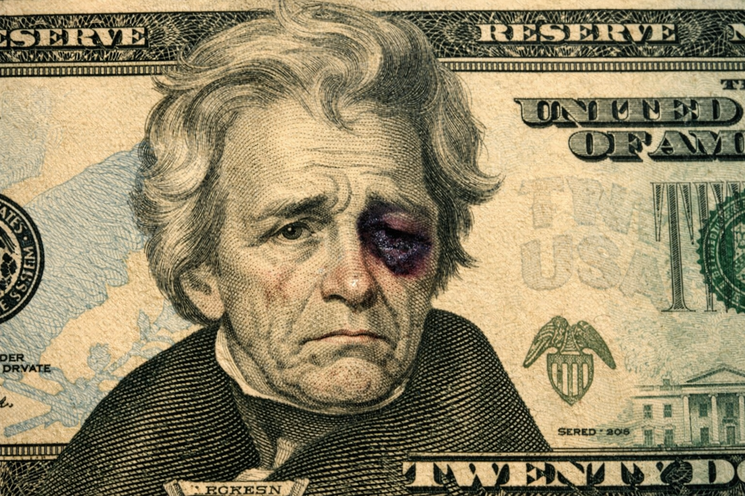 Close-up of Andrew Jackson’s portrait on a U.S. twenty-dollar bill, altered to show a bruised black eye and a sad, downturned expression.