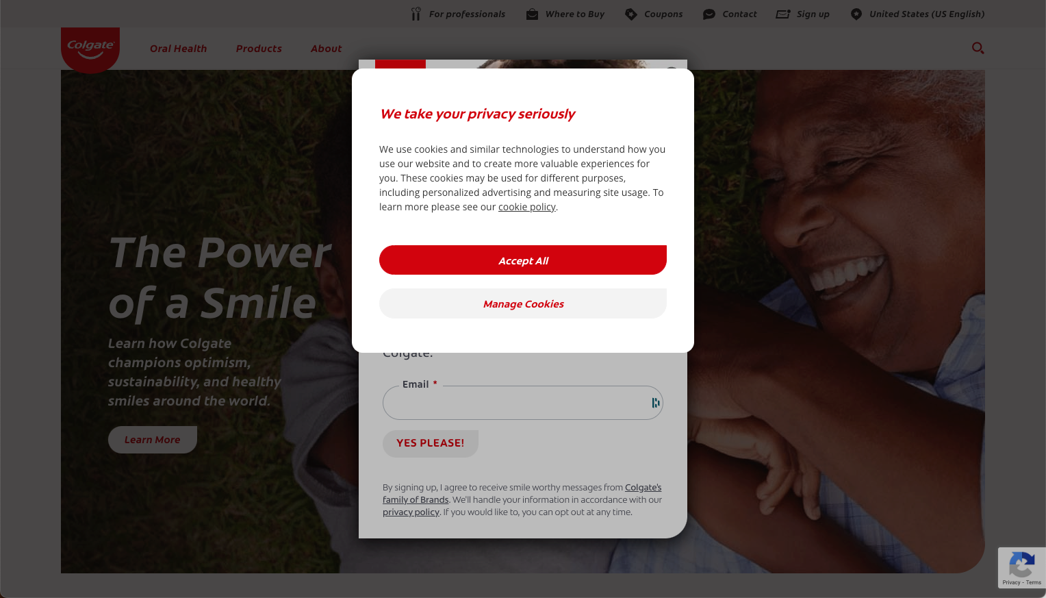 Screenshot of Colgate website showing a pop up on a pop up