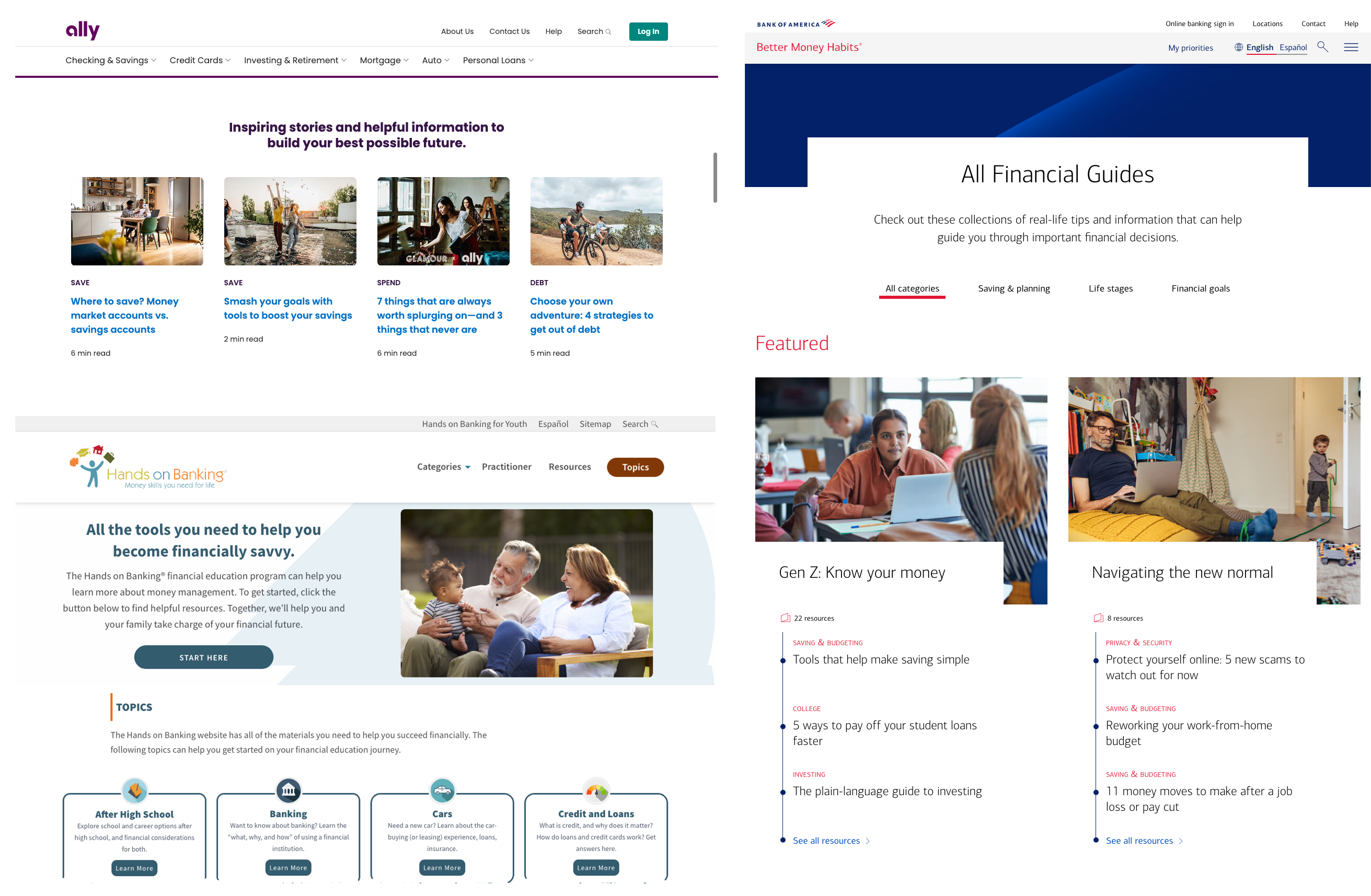 A collection of screenshot examples of financial literacy education from banks and credit unions