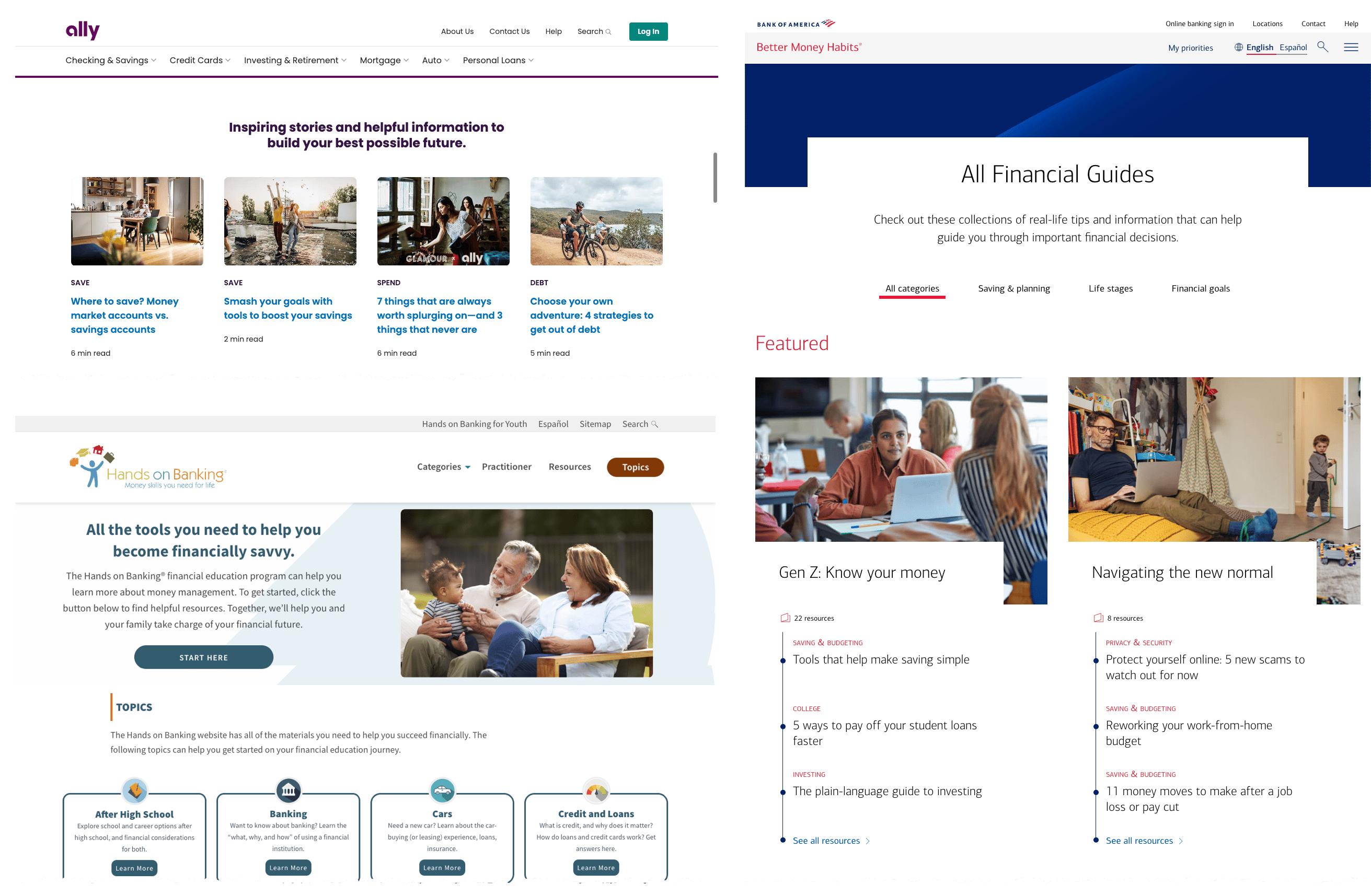 A collection of screenshot examples of financial literacy education from banks and credit unions
