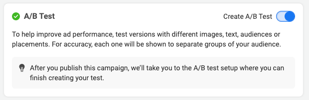 Screenshot of Meta Ad Manager A/B Test Option