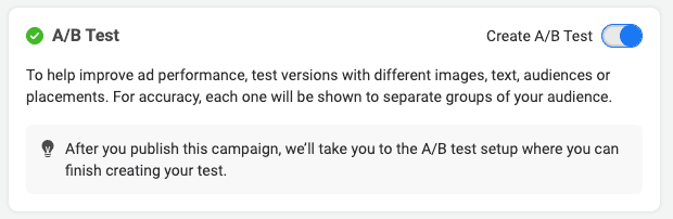 Screenshot of Meta Ad Manager A/B Test Option