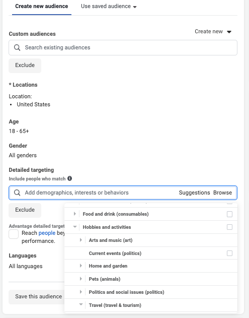 Screenshot of Meta Ad Manager Detailed Targeting