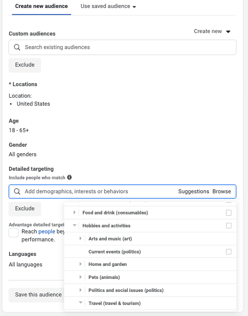 Screenshot of Meta Ad Manager Detailed Targeting
