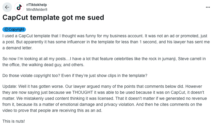 Reddit post stating that a CapCut template Got user sued