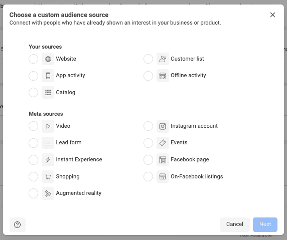 Screenshot of Meta Custom Audience Sources