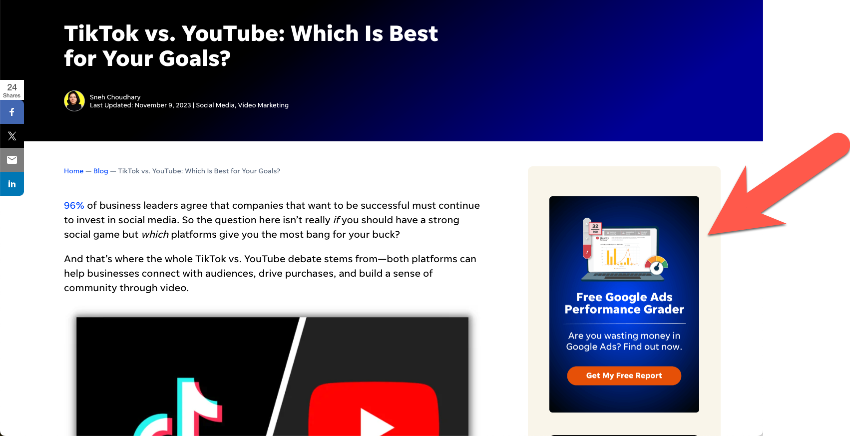 Screenshow of a Wordstream blog post with a click through to an interactive tool