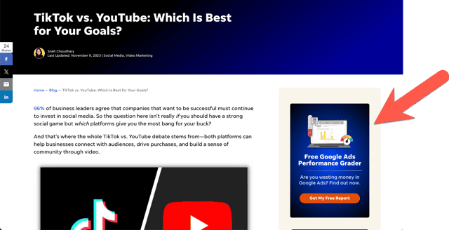 Screenshow of a Wordstream blog post with a click through to an interactive tool