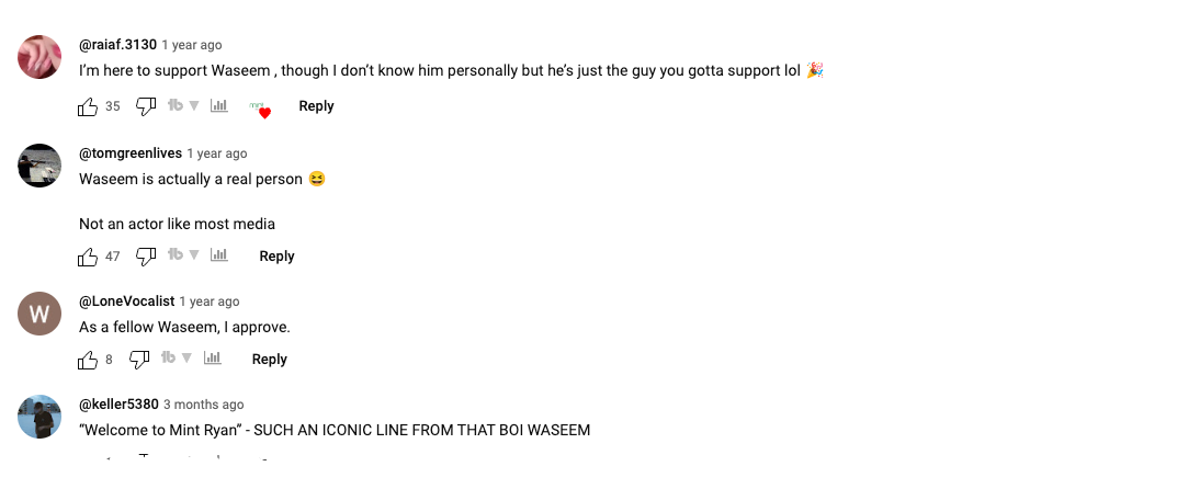 Screenshot of a supportive YouTube comments on Mint Mobile Waseem Ad