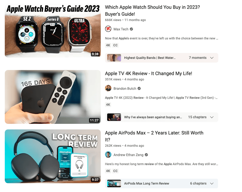 A screenshot of some Apple review videos on YouTube