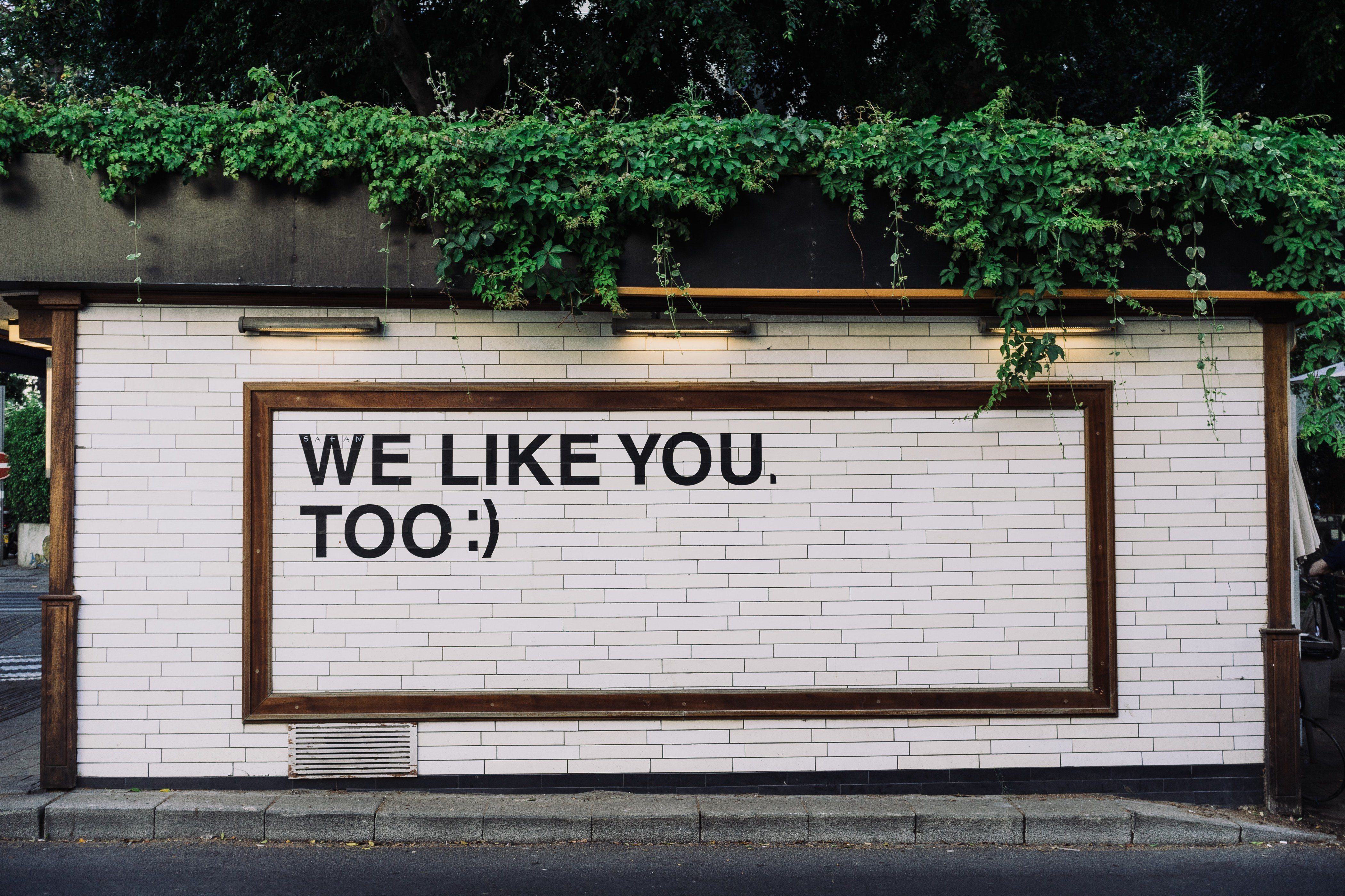 Image showing an outdoor mural that says we like you too :)