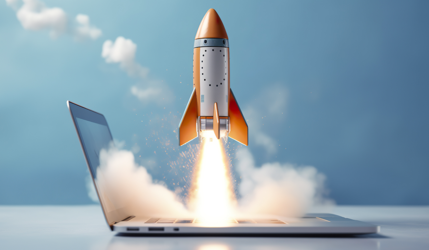 A rocket launching from a laptop symbolizes the increase in sales gained by improving your website design.